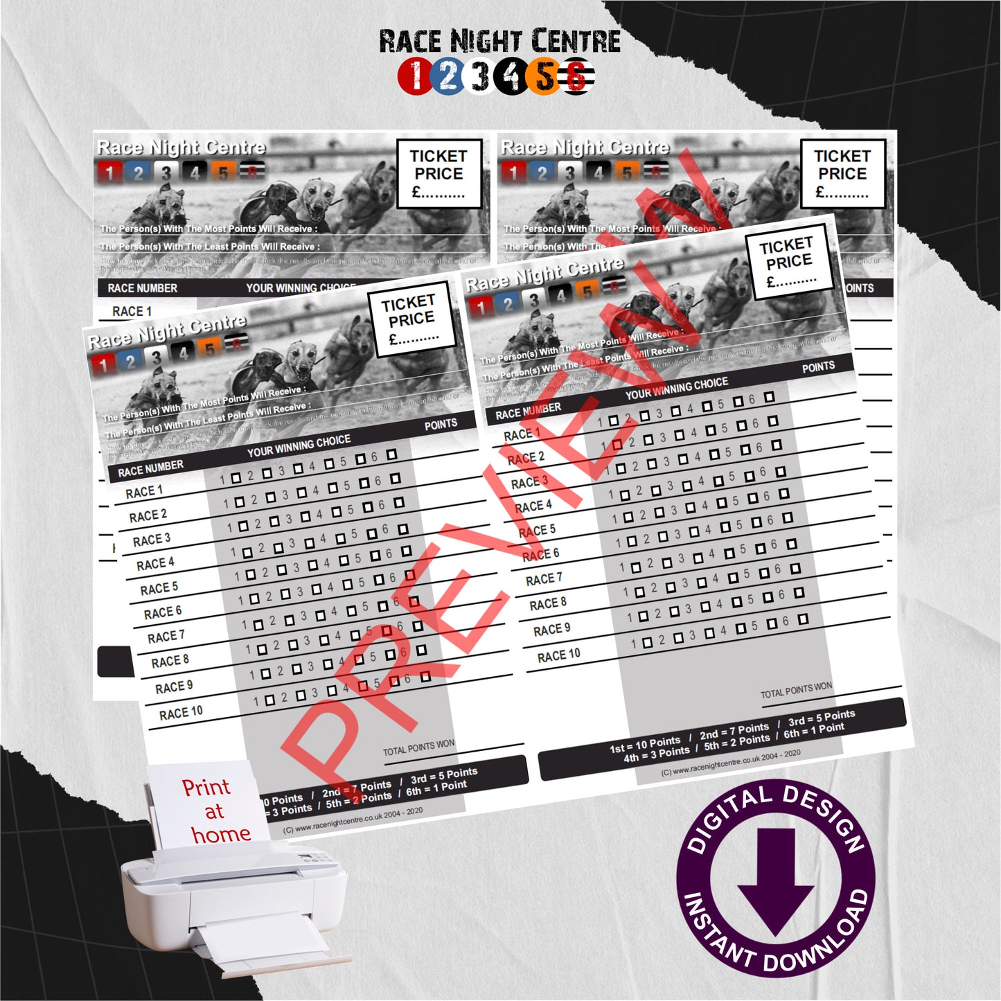 Race Night Fund Raising Support Sheets Print at Home Pick Sheet 9 Races A5