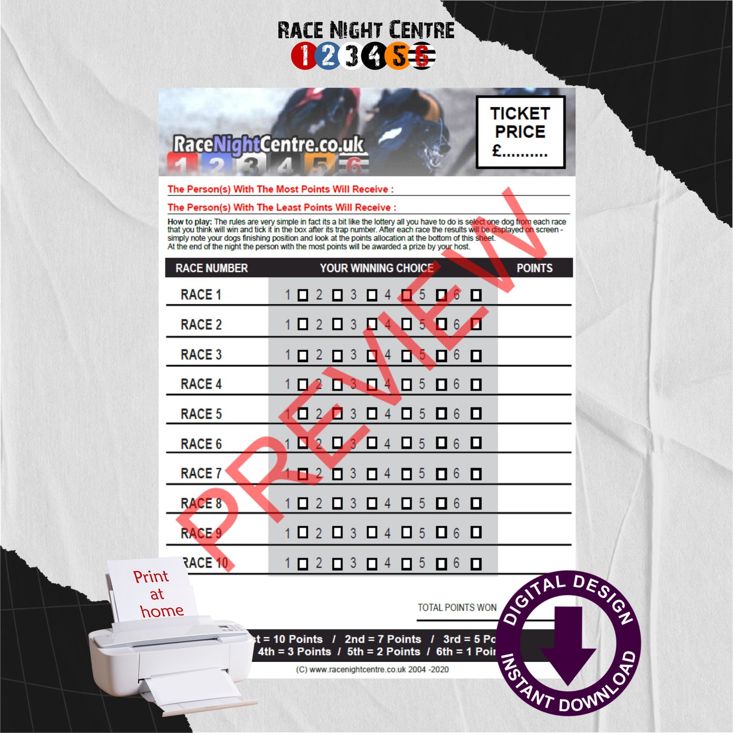 Race Night Fund Raising Support Sheets Print at Home Pick Sheet 10 Races A4