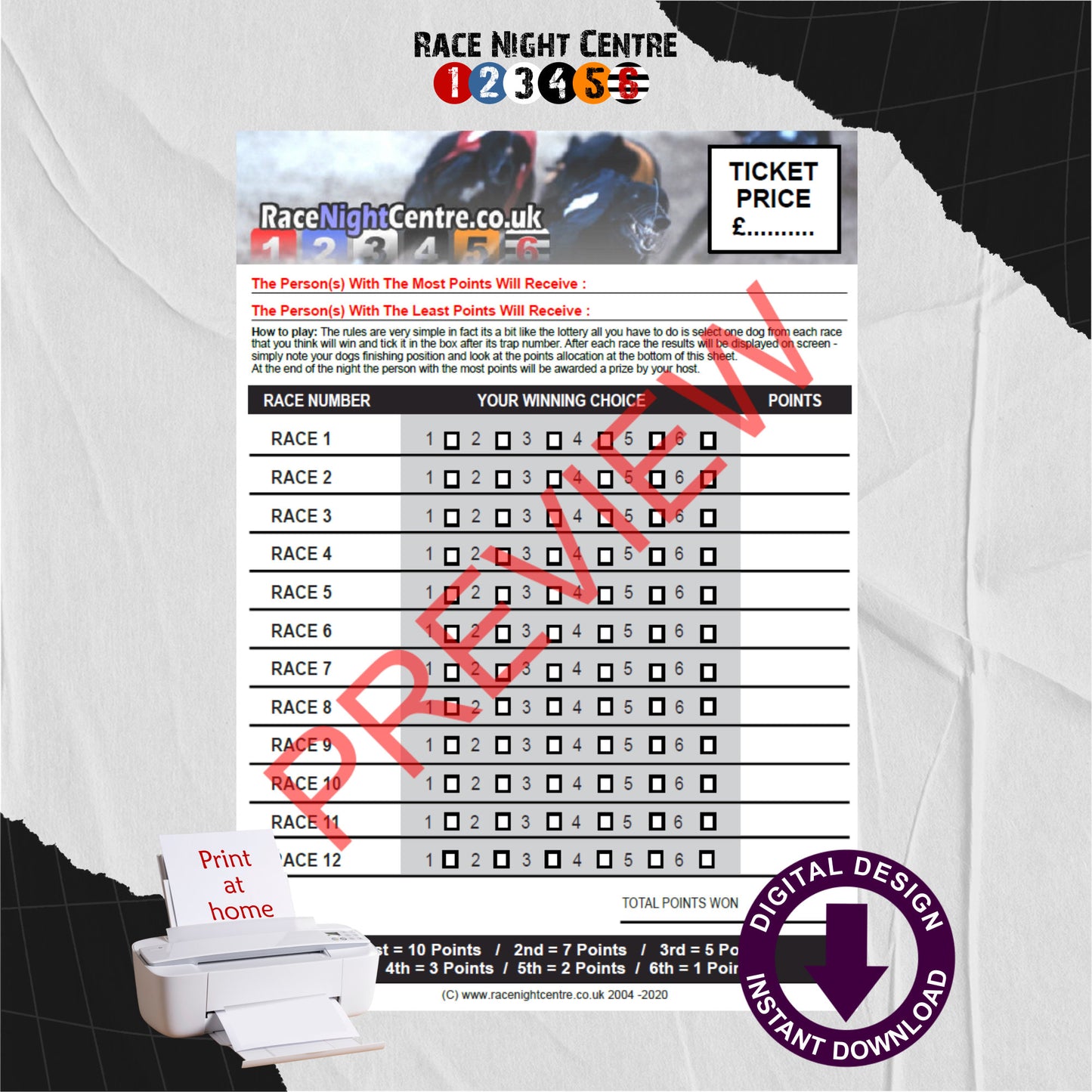 Race Night Fund Raising Support Sheets Print at Home Pick Sheet 12 Races A4