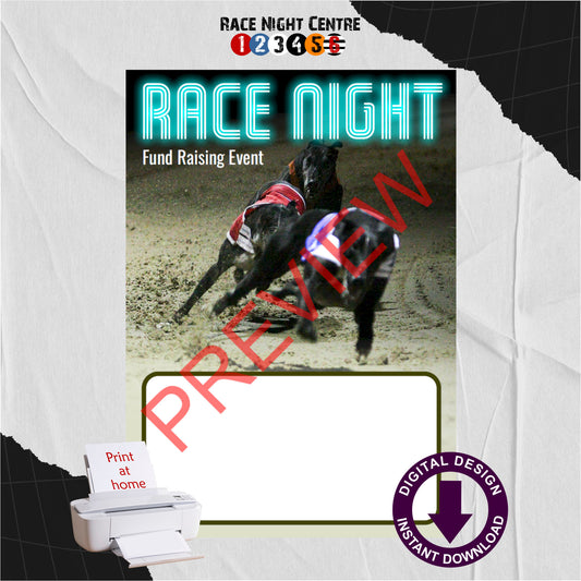 Race Night Fund Raising Event Advertising Poster Print at Home Neon Blue