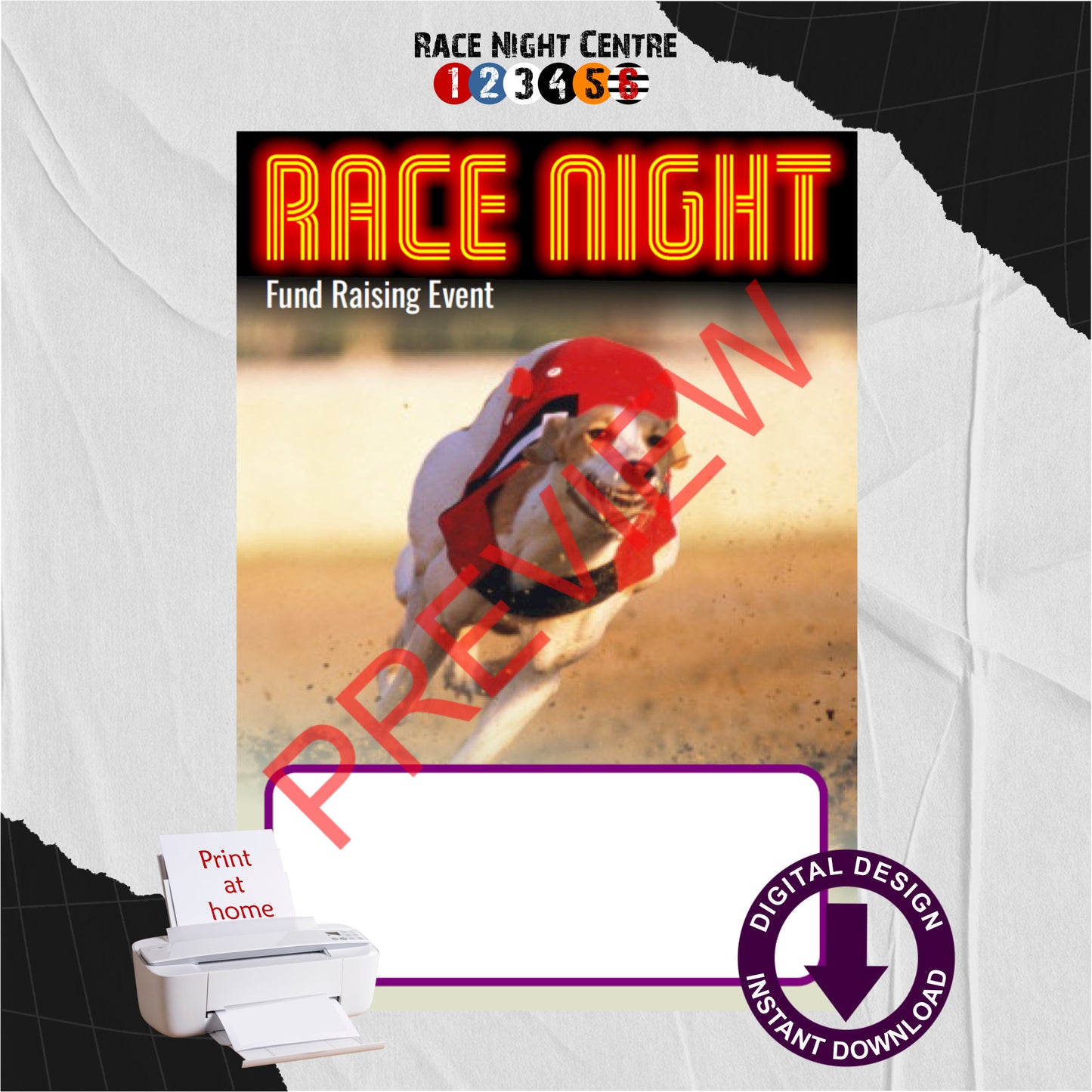 Race Night Fund Raising Event Advertising Poster Print at Home Neon Red