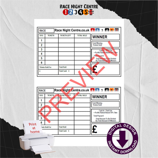 Race Night Fund Raising Support Sheets Print at Home Payout Calculator