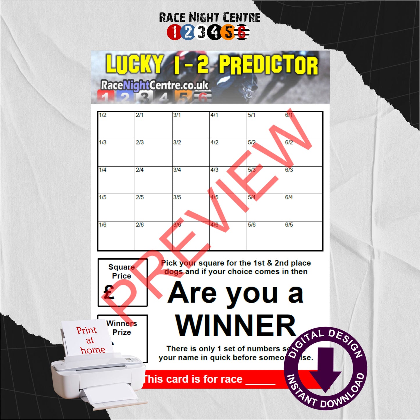 Race Night Fund Raising Support Sheets Print at Home 1st & 2nd Place Predictor