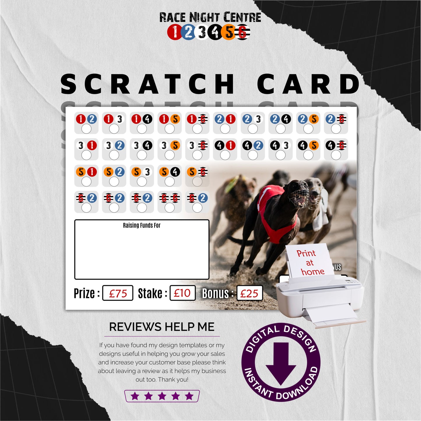 Race Night Fund Raising Scratch Card - A4 Print at Home