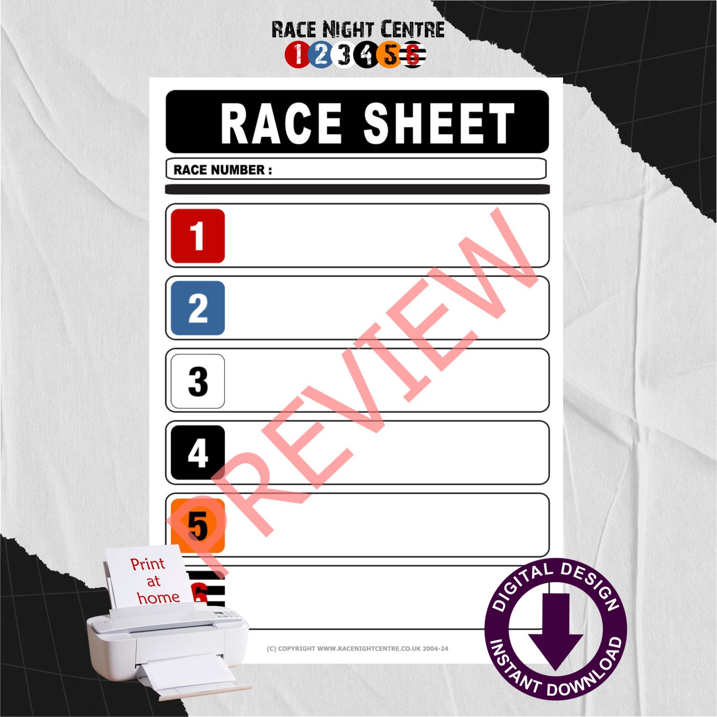 Race Night Fund Raising Support Sheets Print at Home Race Sheet A4